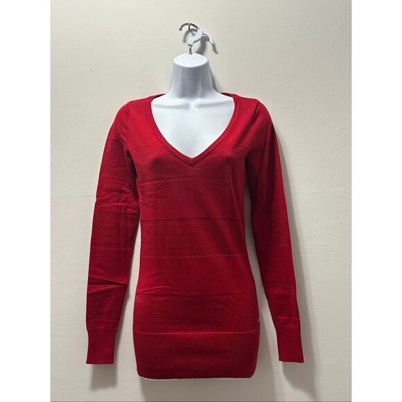 GUESS Red V Neck Long Sleeved Sweater Tunic Holiday Sparkle Stripes Size S - Picture 11 of 11